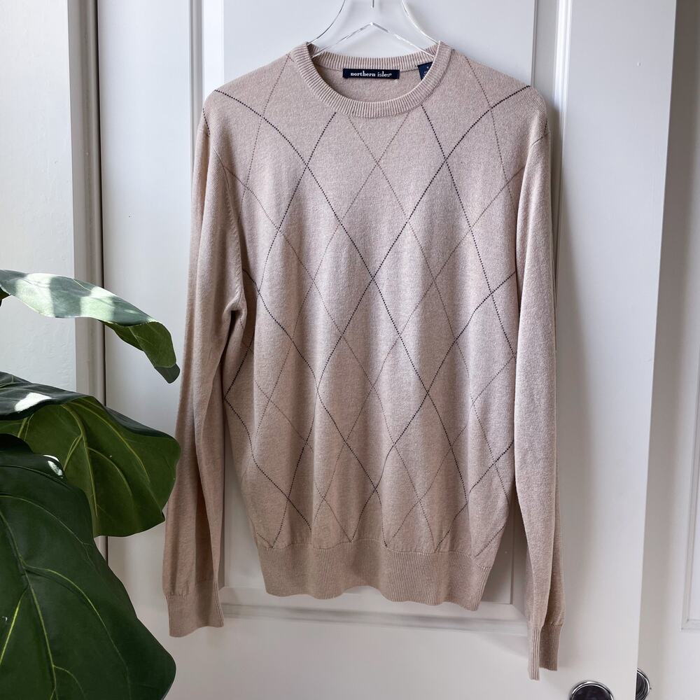 Northern Isles Argyle Sweater Grandpa Beige Rayon Cashmere Silk Medium